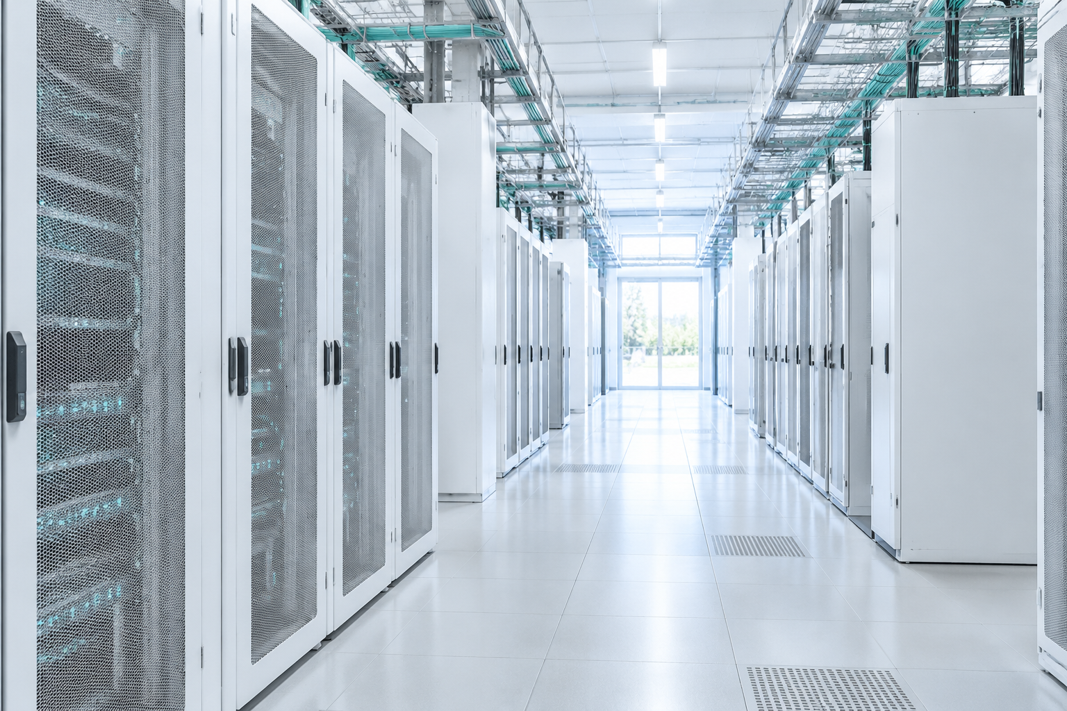 Aisle of a data centre with dark server racks and cabled overhead trays