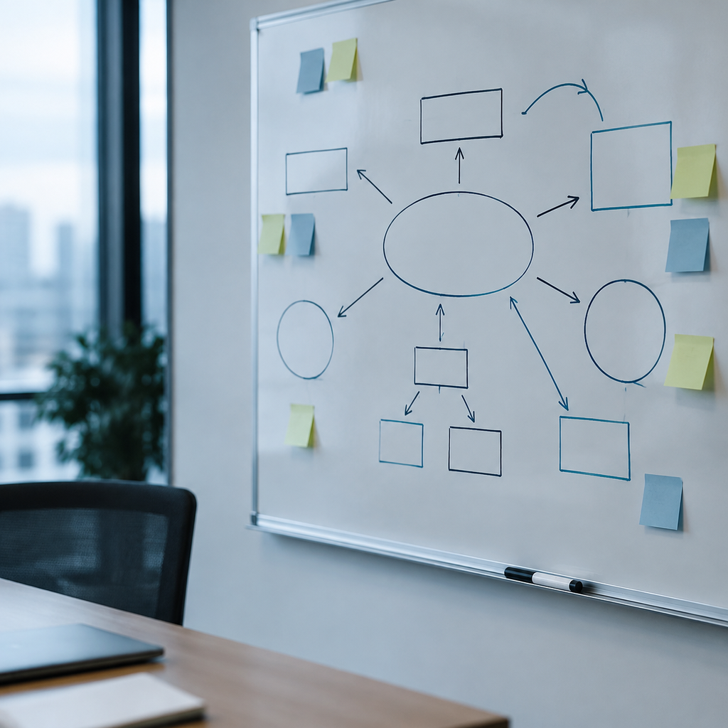 Whiteboard with an abstract diagram of boxes and arrows and coloured sticky notes