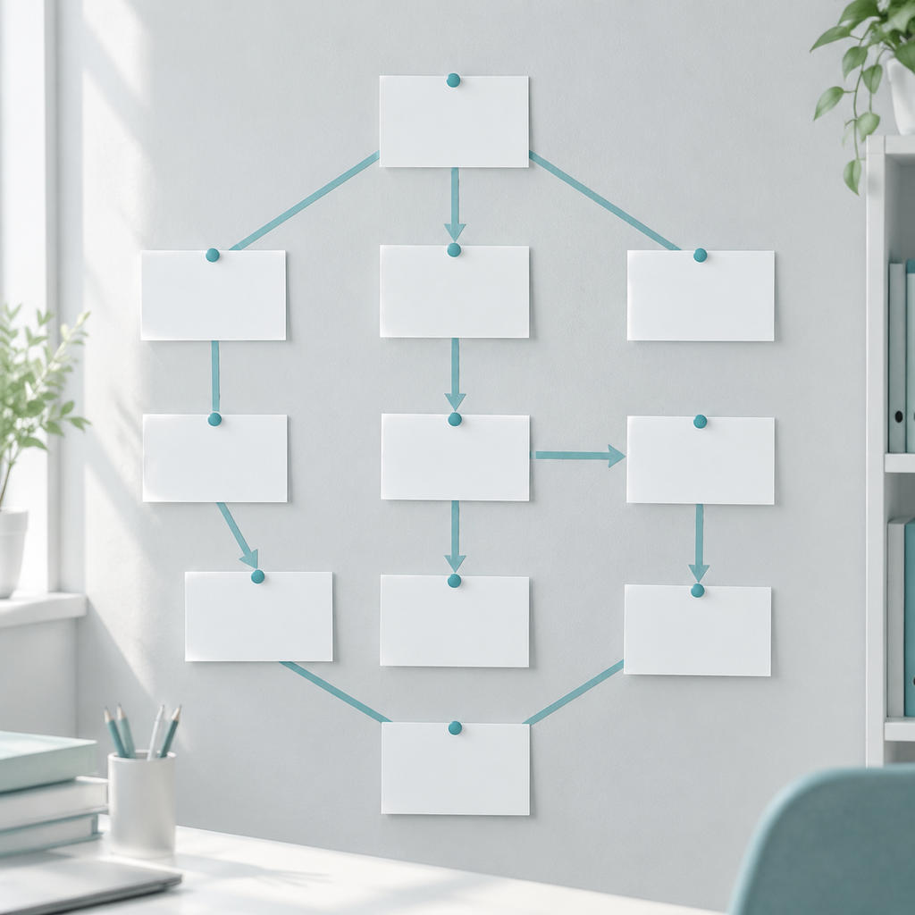 Blank process cards pinned to a dark wall, linked by thin tape lines