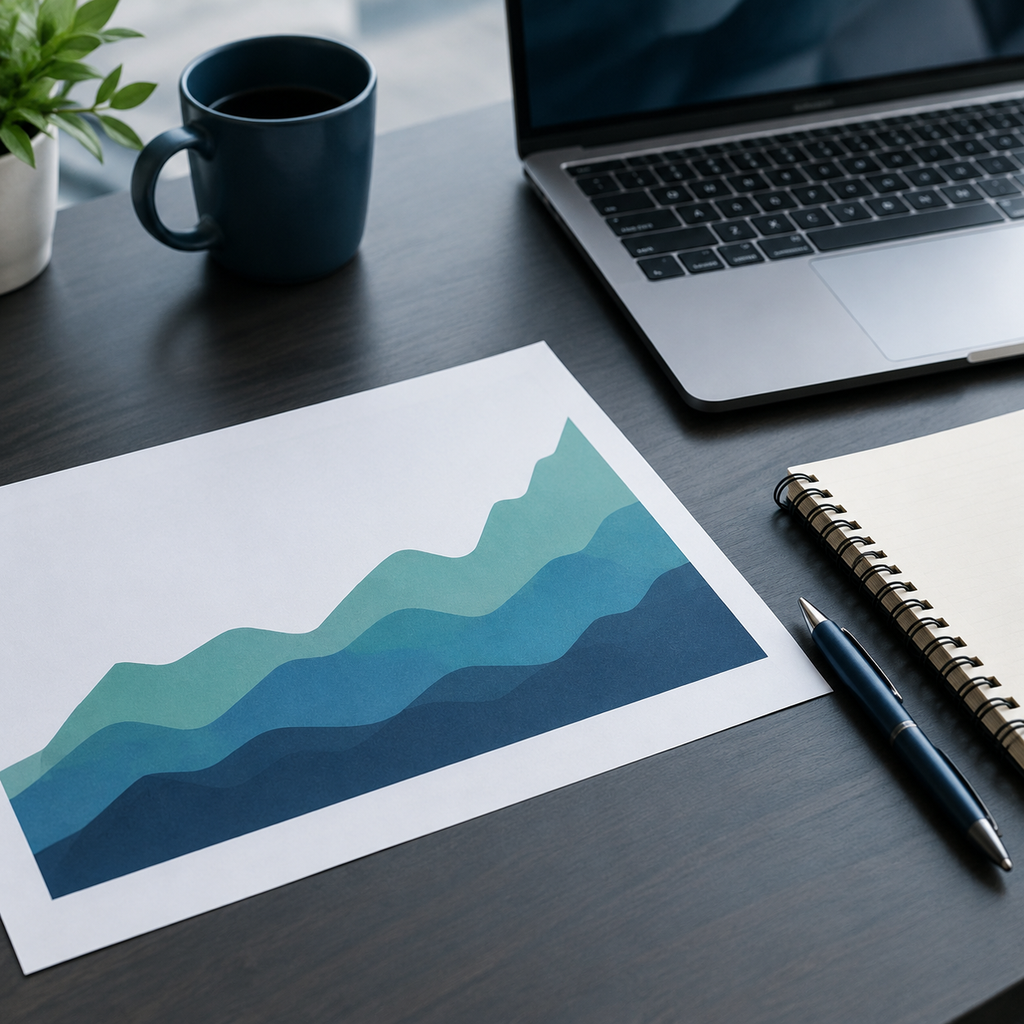 Printed abstract area chart on a desk beside an open laptop