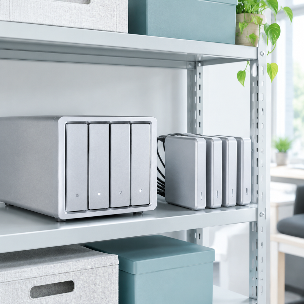 Storage array and external drives on a rack shelf with tidy cabling