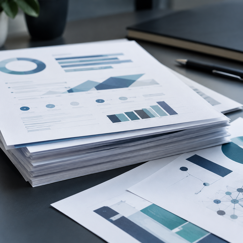 Printed documents with abstract diagram layouts fanned out on a desk