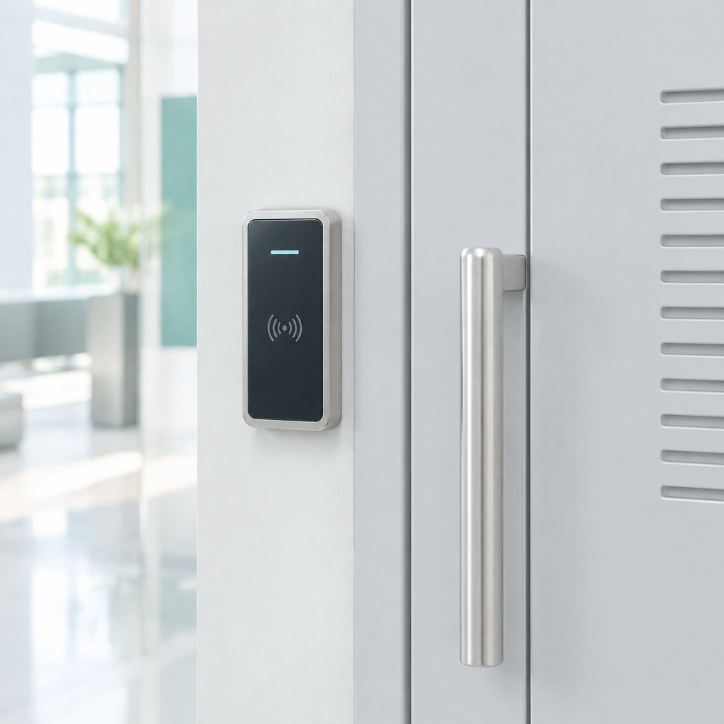 Close view of a keycard reader beside a locked rack door