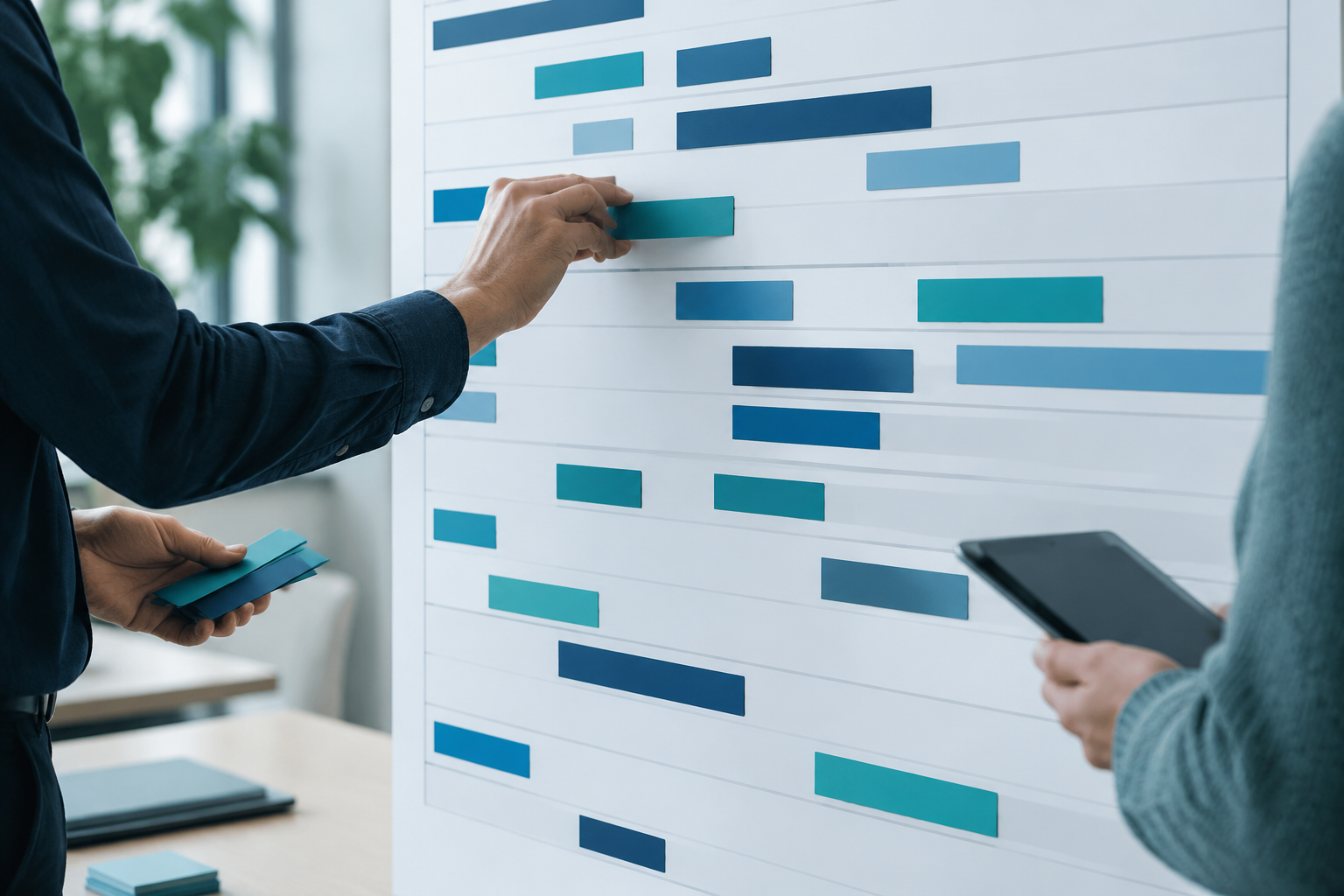 Planning wall with abstract coloured bars arranged like a schedule